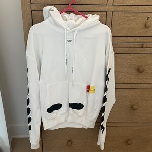 Off-White White Hoodie with Black Sleeve Graphics and Yellow Patch